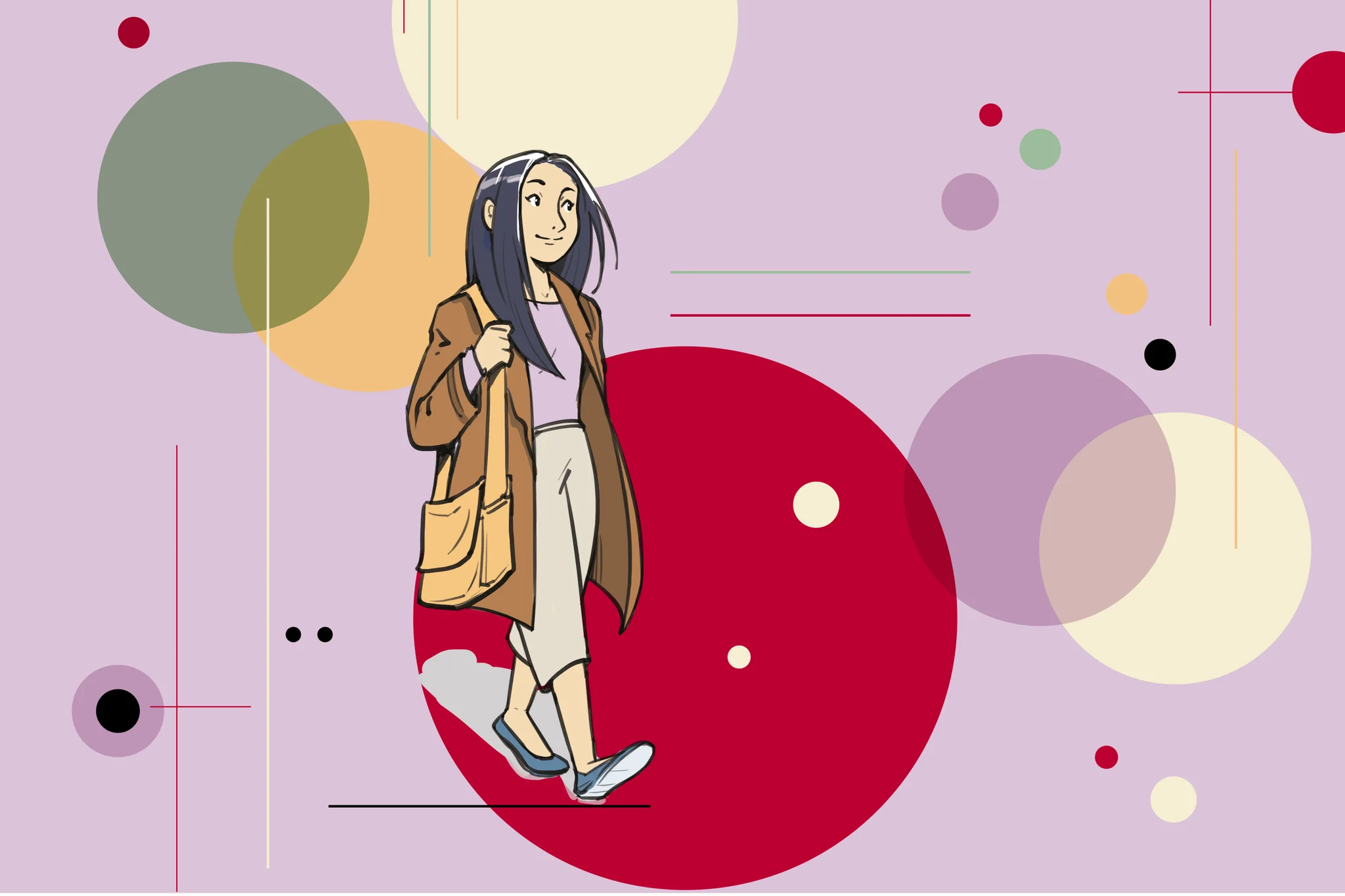 Illustratie laat een jonge vrouw zien met donker haar tegen een achtergrond met gekleurde bollen.